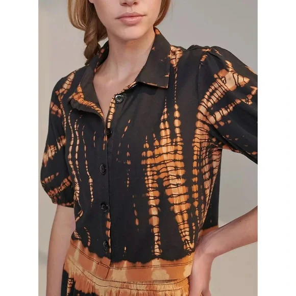 Anthropologie Saturday/Sunday Annika Tie Dye Button Down Black Orange Top XL NWT - Picture 2 of 5